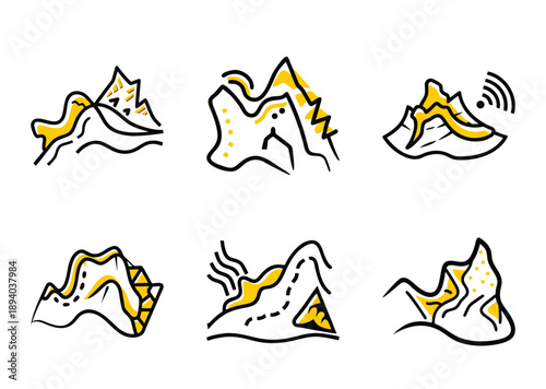 Stylized Yellow Mountain Range Icons for Nature Tourism and Hiking Design Projects