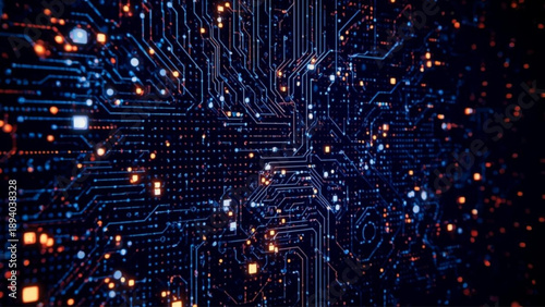 Futuristic circuit board with glowing blue and orange connections