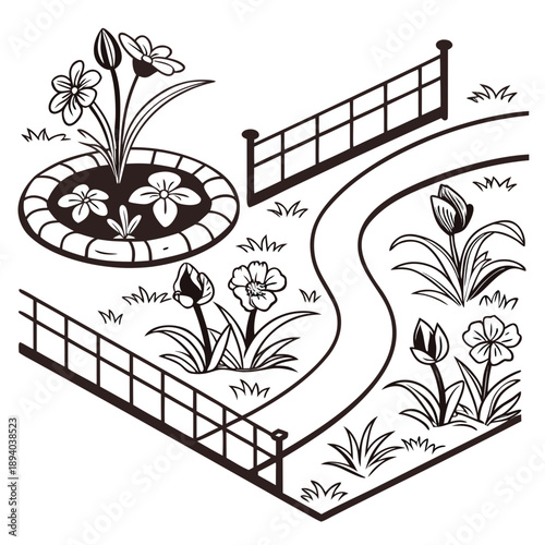 Serene garden pathway with fountain