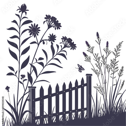 Silhouette of garden with wildflowers and picket fence