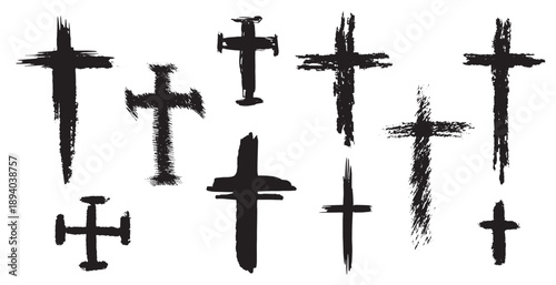 Christian cross grunge symbol hand brush painted. Crucifix catholic and orthodox. Jesus sign for church or religion events