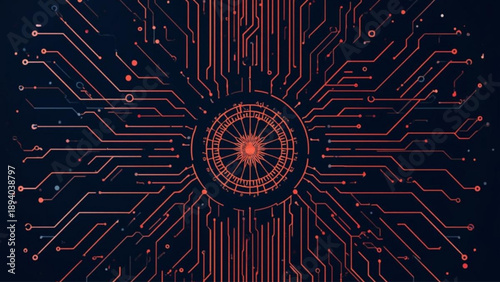 Vibrant circuit board design with neon orange lines on dark background