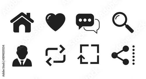 Collection of simple black glyph icons representing common digital actions