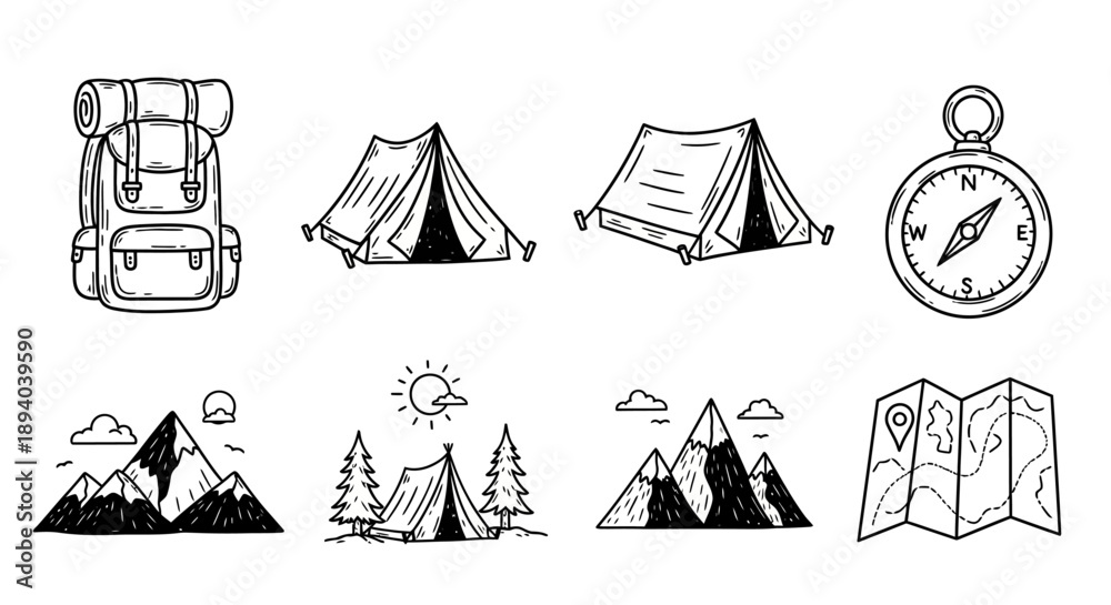 Fototapeta premium Camping equipment illustration featuring a backpack tent compass and mountain scenery