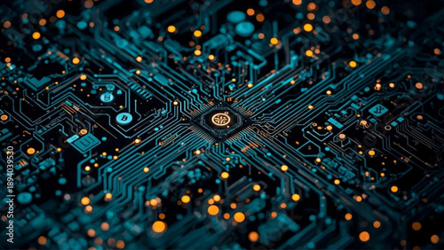 Vibrant circuit board with glowing orange lights on dark background