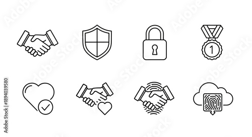 Line art icons depicting security agreement success and digital trust