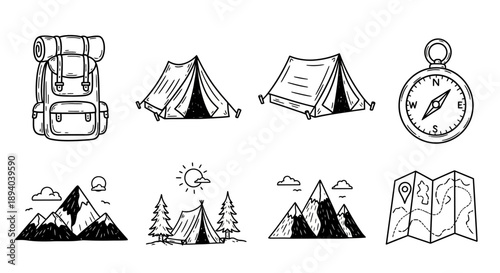 Camping equipment illustration featuring a backpack tent compass and mountain scenery
