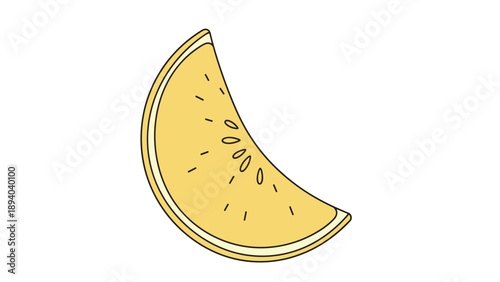 Minimalist drawing of a yellow lemon slice with visible seeds and textured skin is perfect for summer themes and citrus fruit advertisements.