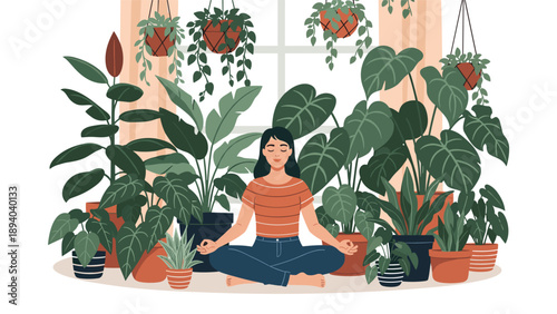 Young woman practices yoga and meditation in a peaceful indoor environment surrounded by numerous lush green houseplants for health and wellness.