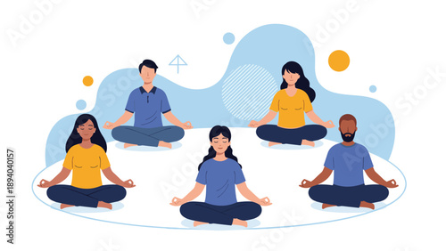 Group of diverse people sits in a circle practicing meditation together in a peaceful environment to promote community wellness and mindfulness.