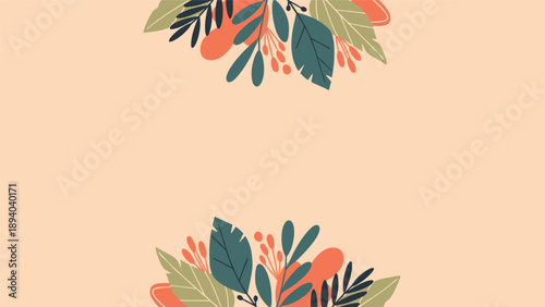 Elegant floral borders with stylized leaves and berries in shades of orange and green decorate the top and bottom of a soft peach background.