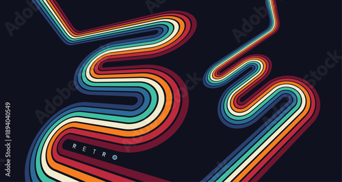 A retro 1970s-style background. Colorful lines. Abstract, dynamic curved ribbons. A serpentine curve of a race track. Designed for posters or banners for sports competitions. Vector illustration.
