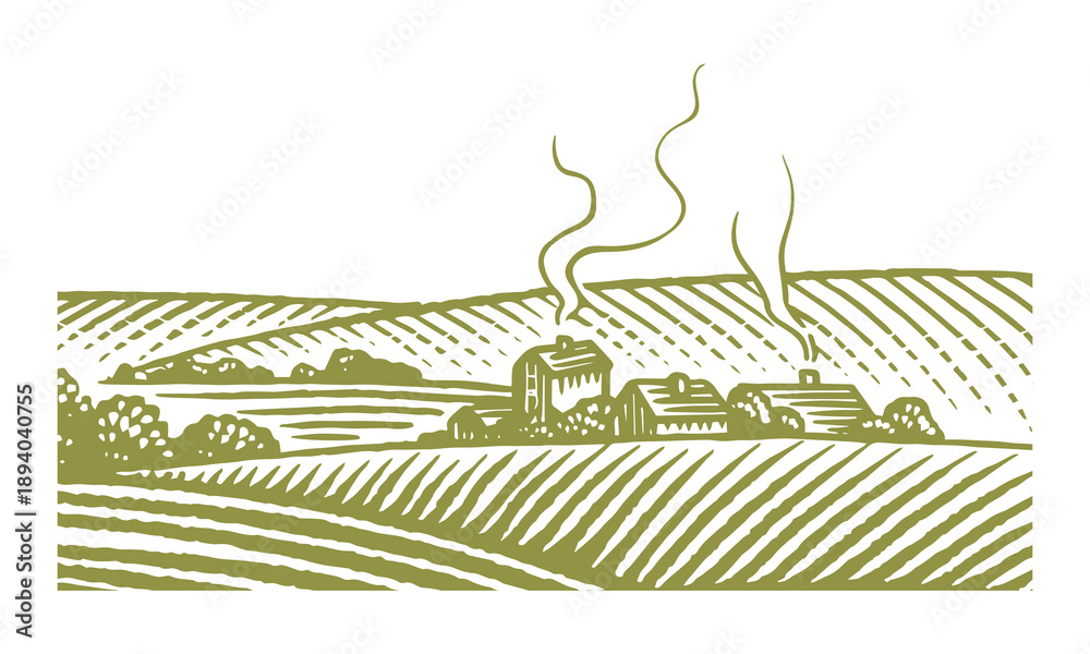 Fototapeta premium Rustic meadow hand drawn village landscape illustrations with fields, house and windmill. Beautiful rural scentic farm view for milk, cheese farm products. Eco natural food engraving.