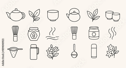 A minimalist line icon set featuring various tea and coffee related objects in outline style against a clean background.