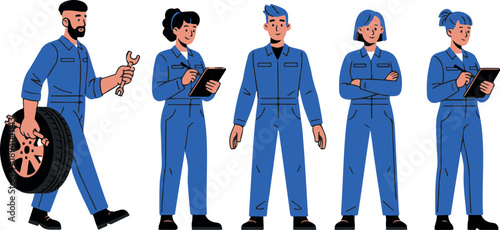 A group of cartoon mechanics and technicians in blue uniforms standing and walking in a line on a white background with various expressions and actions.