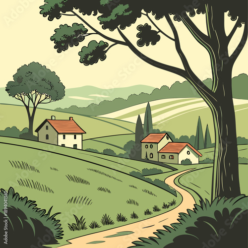 Beautiful Rural Village Landscape with Green Fields