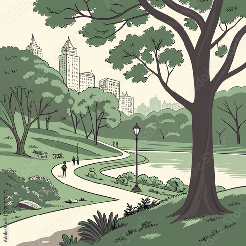 Vibrant City Park Landscape with Trees, Paths, and Lake