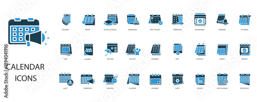 calendar icons set outline and Flat Style,transparent background