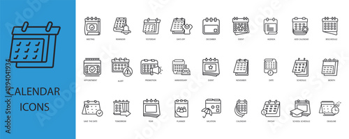 calendar icons set outline and Flat Style,transparent background