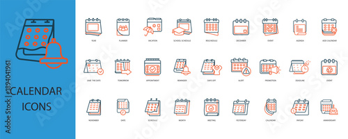 calendar icons set outline and Flat Style,transparent background