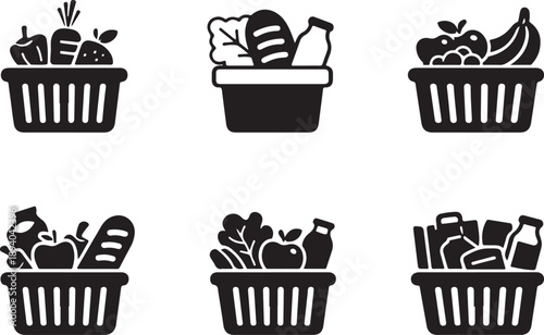 Diverse grocery shopping baskets filled with fresh produce and essential food items