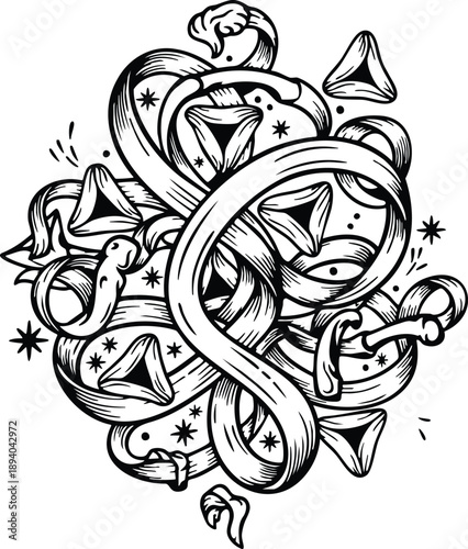 blackandwhite illustration of tangled ribbons and stars