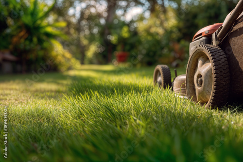 Lawn Care Mower on Sunny Day Creating a Well-Manicured Garden