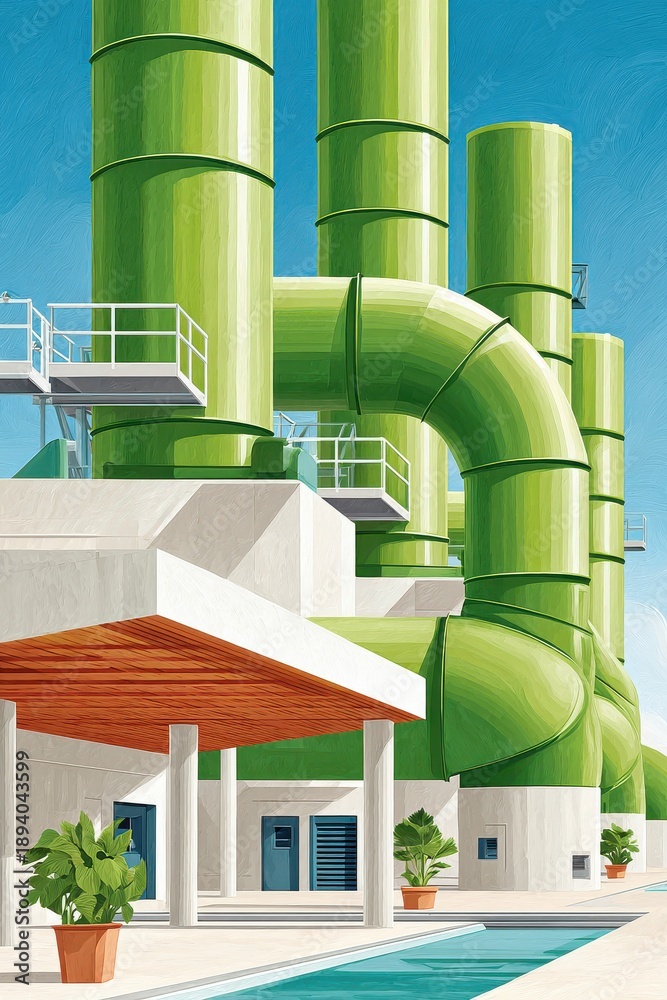 Obraz premium Green industrial plant with towering pipes and modern facilities under a bright blue sky