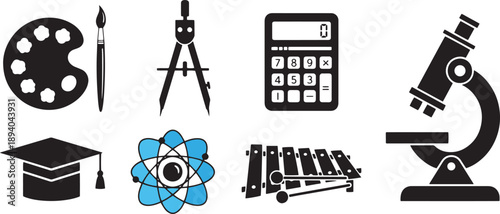Education Icons Representing Various Subjects.