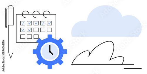 Time management, cloud computing, task scheduling, efficiency, productivity, planning. Calendar with checkmarks, gear with clock and cloud sketch. Time management and cloud computing concept