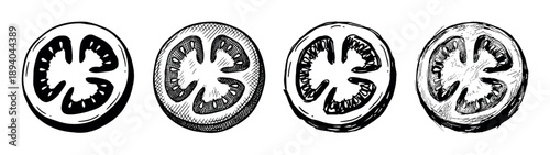 Four black and white tomato slices illustrated in a hand-drawn sketch style showing different artistic techniques from simple graphic to detailed cross-hatching