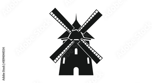 A striking black depiction of a traditional windmill with outstretched blades against a plain white background silhouette high quality professional