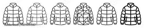 Set of six black puffer jacket icons with different line styles including dashed, sketchy, geometric, and bold outlines, presented as a collection of winter apparel graphics
