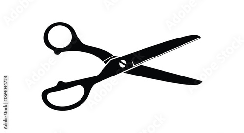 A striking black graphic depicts a pair of open scissors against a plain white background presented as a silhouette