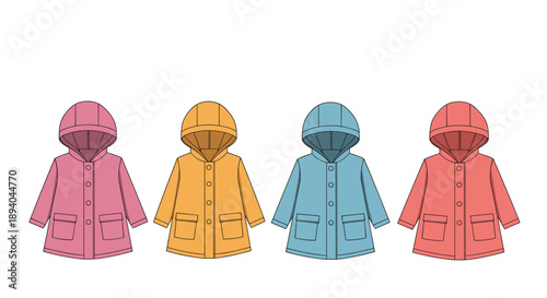 Collection of colorful waterproof raincoats for children shown in pink, yellow, blue, and red colors with hoods on a white background.