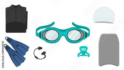 Essential swimming gear collection: goggles, flippers, cap, and more in flat design
