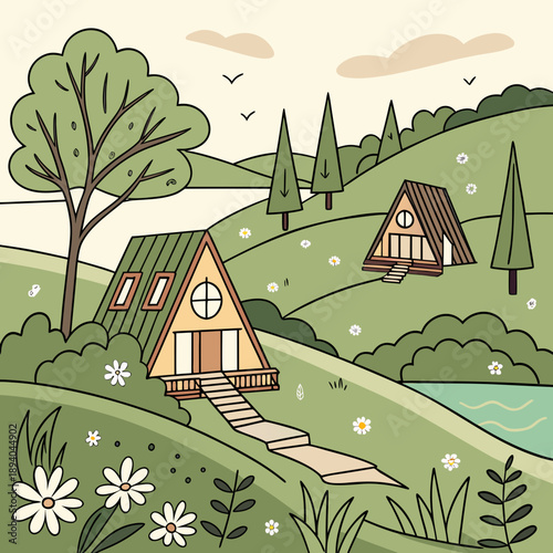 Luxury Eco Landscape: Cottages, Hills, and Lake Scenery