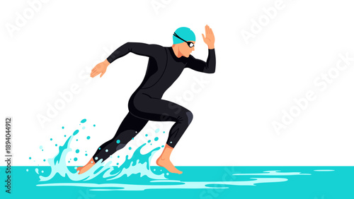 Dynamic swimmer in water splashing action with athletic suit and cap in bold style