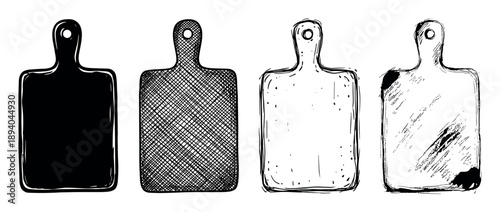 Four hand-drawn kitchen cutting board illustrations in a set showing different graphic styles like silhouette, crosshatch, outline, and grunge texture for culinary design
