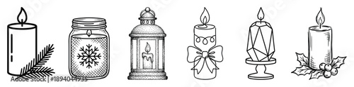 Set of six hand-drawn Christmas candles and a lantern in various artistic styles, including sketch, doodle, and stippling for festive holiday decoration and winter celebration