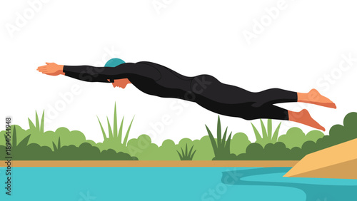Swimming dive athlete in black suit plunging into outdoor pool