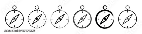 Collection of six black compass vector icons in various outline styles including solid line, dashed, dotted, hand-drawn sketch, and brush stroke for navigation concepts