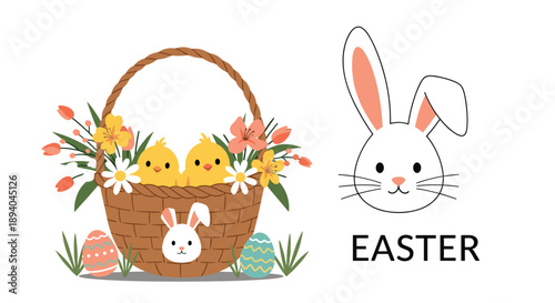 Easter holiday composition featuring a woven basket full of baby chicks and flowers next to a cute white bunny head and text.
