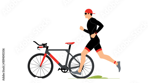 Triathlon athlete running beside bicycle in minimalist style