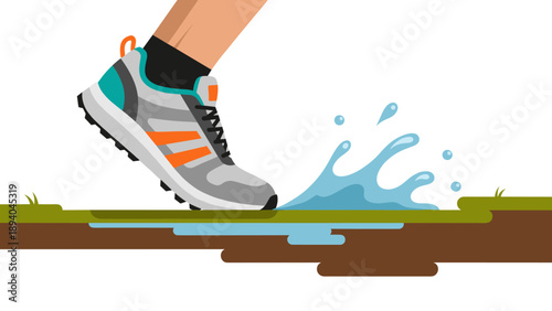 Running shoe splashing through water in dynamic flat design