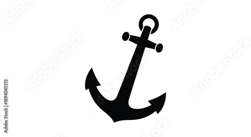 A stark black silhouette of a classic maritime anchor is prominently displayed against a clean white background silhouette high quality