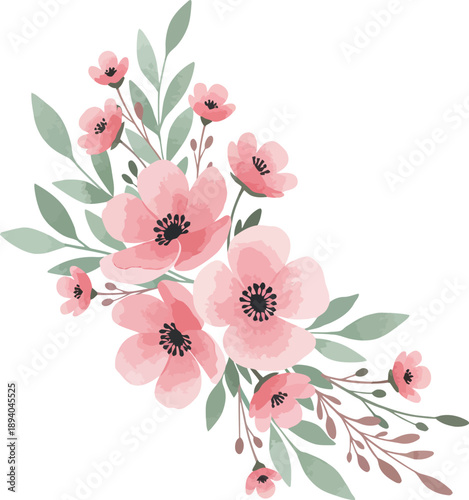 Watercolor illustration of pink flowers and green leaves on white background