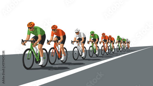 Cyclists racing along highway in dynamic flat style