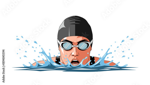 Dynamic swimmer mid-stroke with splash in cartoon style