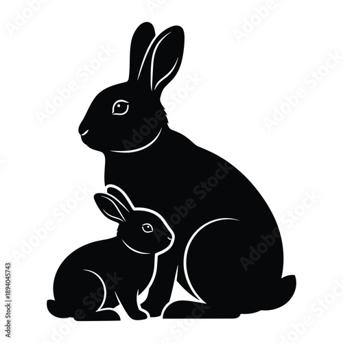 Cute Black Silhouette of Mother Rabbit and Baby Bunny Sitting Together - Vector Illustration